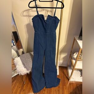 Stretch denim bellbottom jumpsuit with removable straps - large